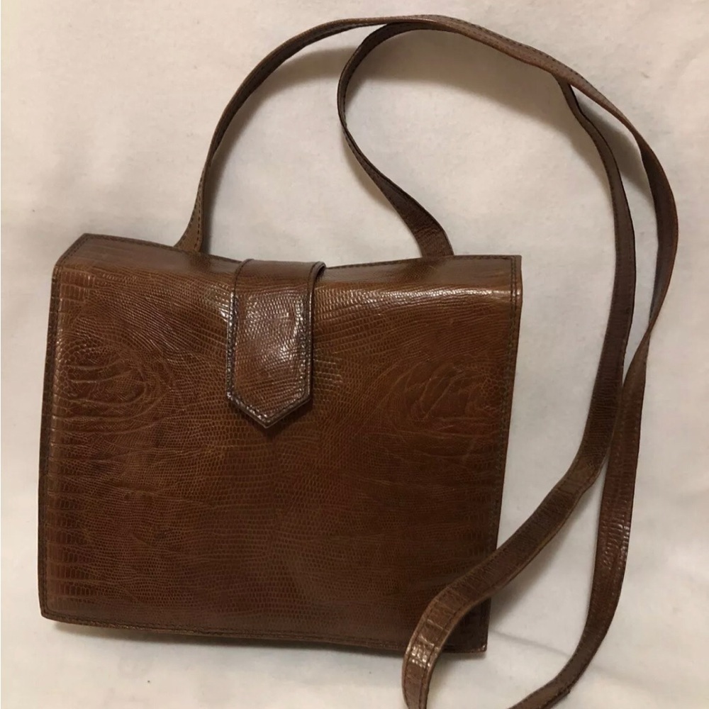 Vintage 80s Cassis Brown Leather Shoulder Crossbody/ Clutch Bag 
Croc Embossed